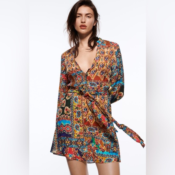 Zara Multicolor Paisley Boho Fit & Flare Long Sleeves Mini dress with belt S - Picture 1 of 11
